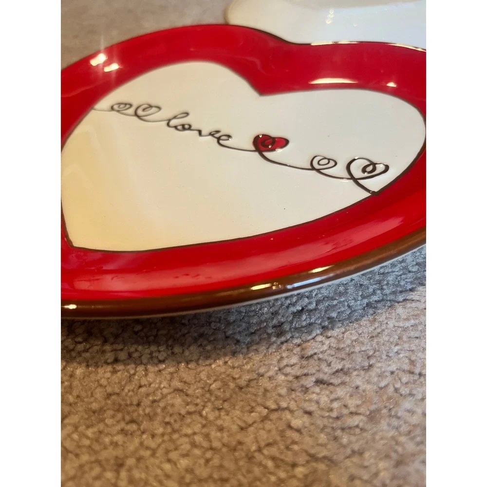 Valentine's 08 Heart Shaped Plates Set of 2 Red White Love Ceramic